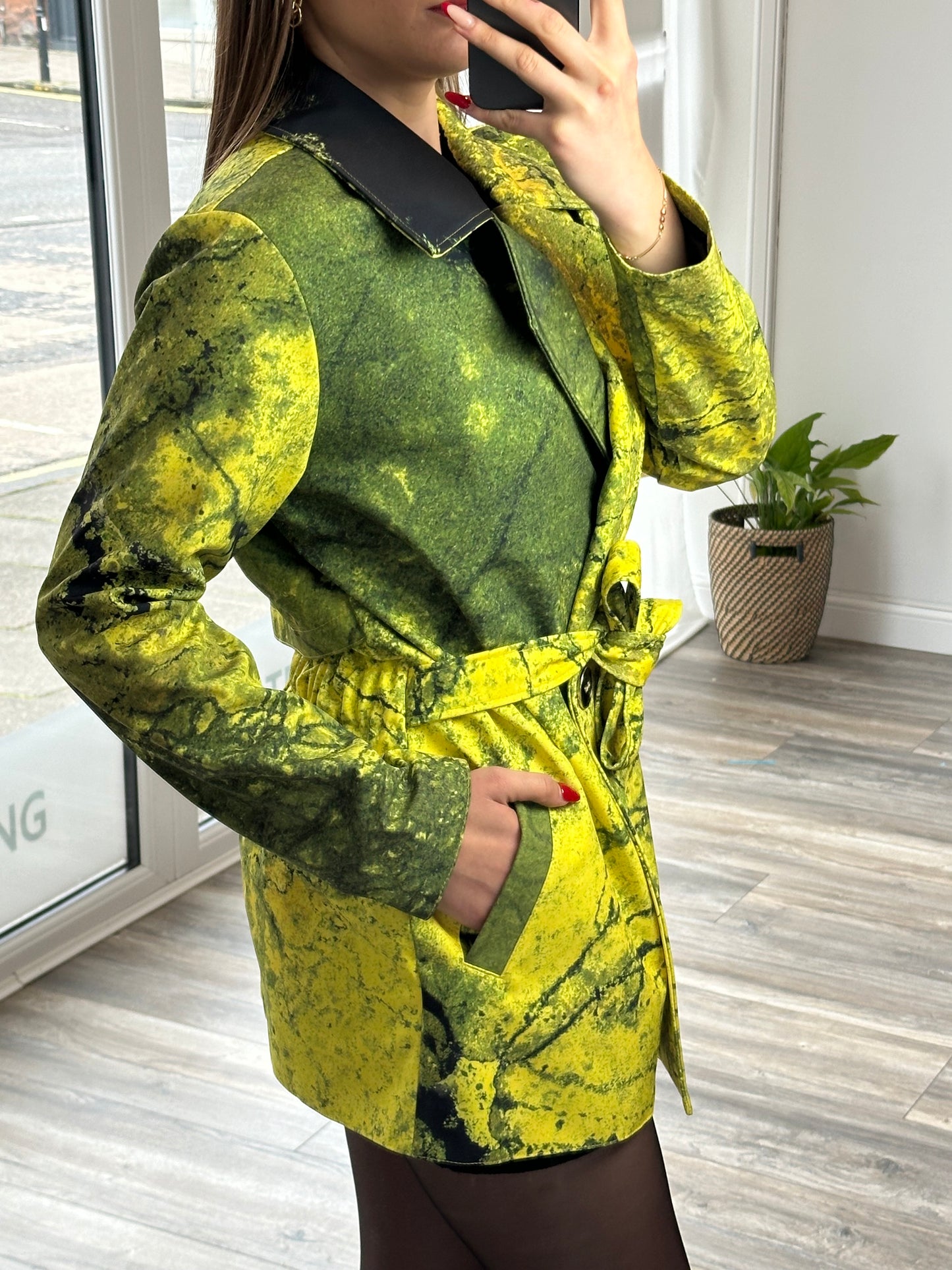 Yellow and Green Algae Waterproof Jacket with Waist Belt