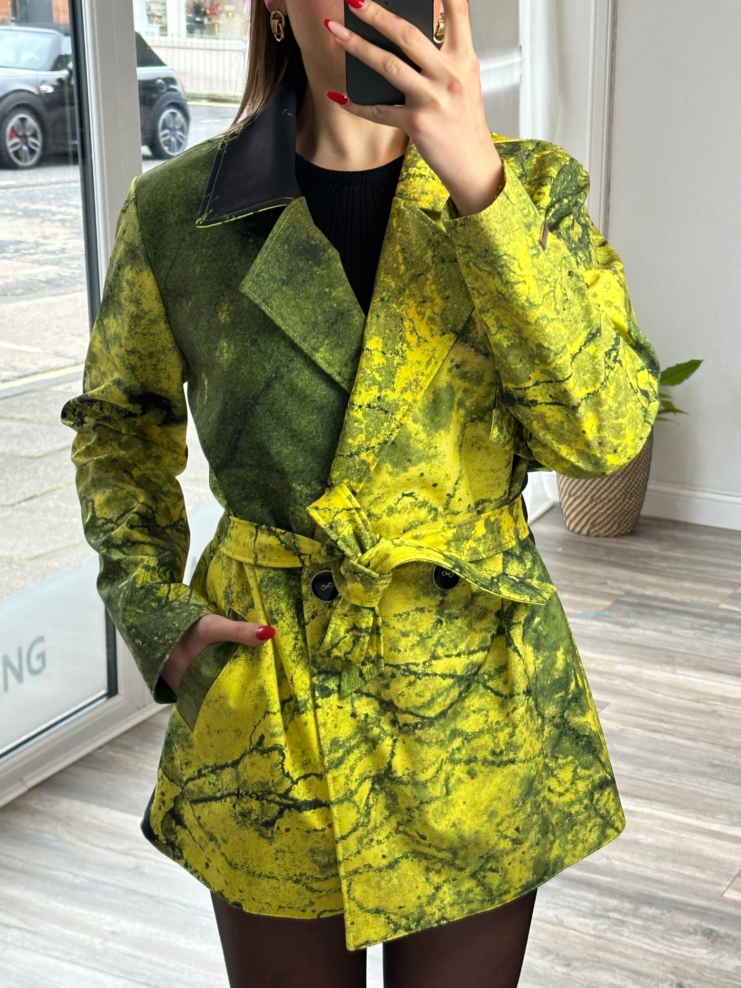 Yellow and Green Algae Waterproof Jacket with Waist Belt