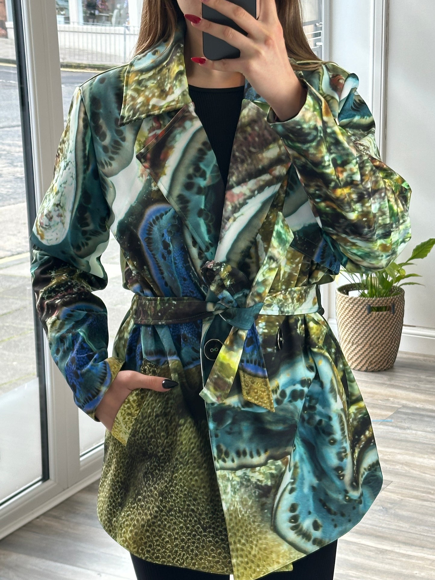 Aquatic Blue and Green Waterproof Jacket with Waist Belt