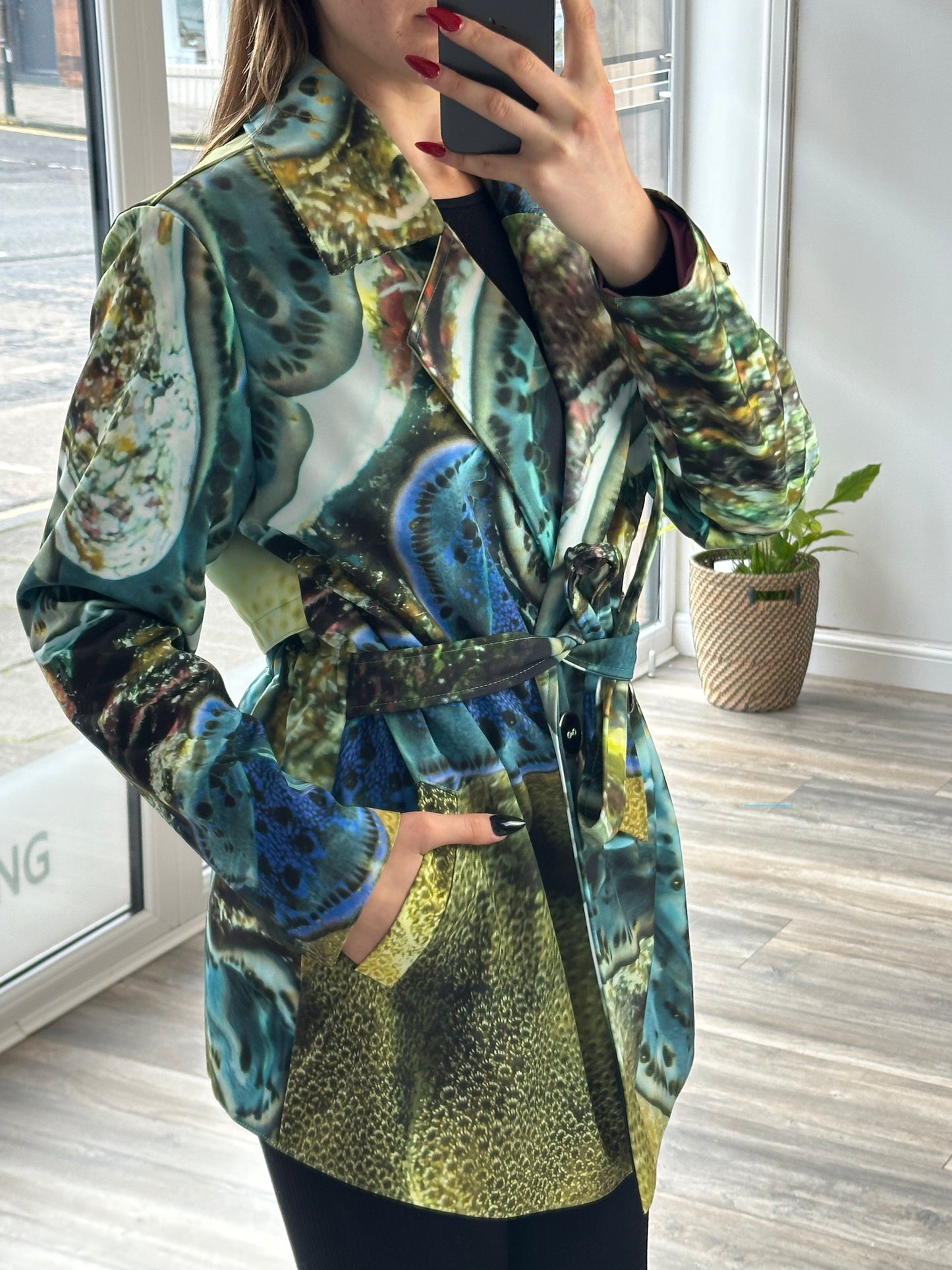 Aquatic Blue and Green Waterproof Jacket with Waist Belt