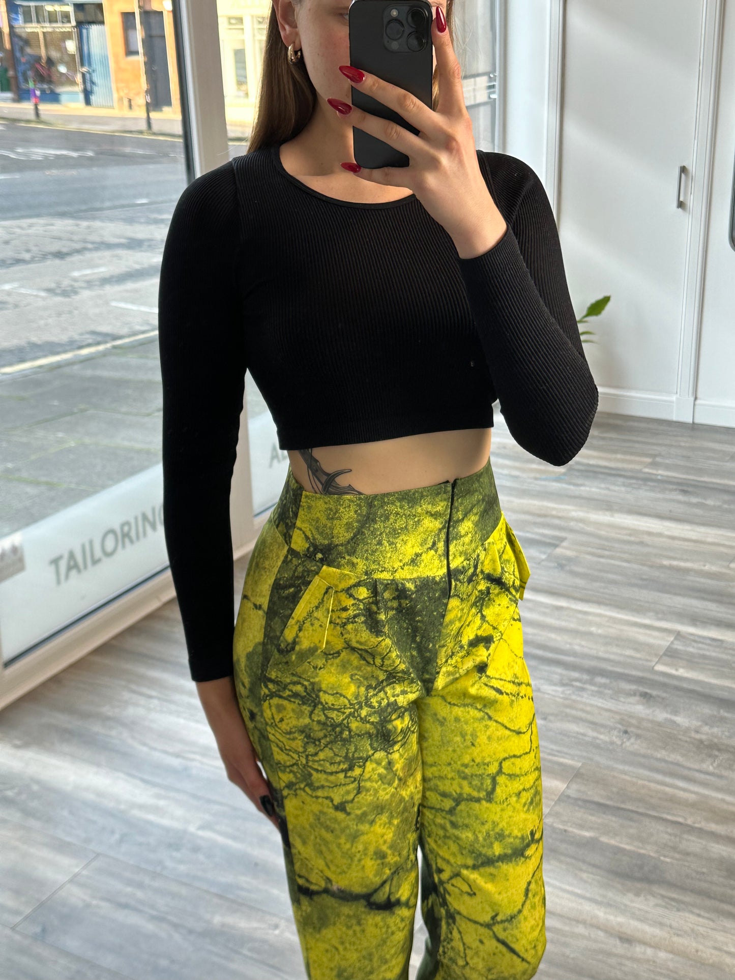 Yellow Algae High Waisted Structure Fitted Trousers