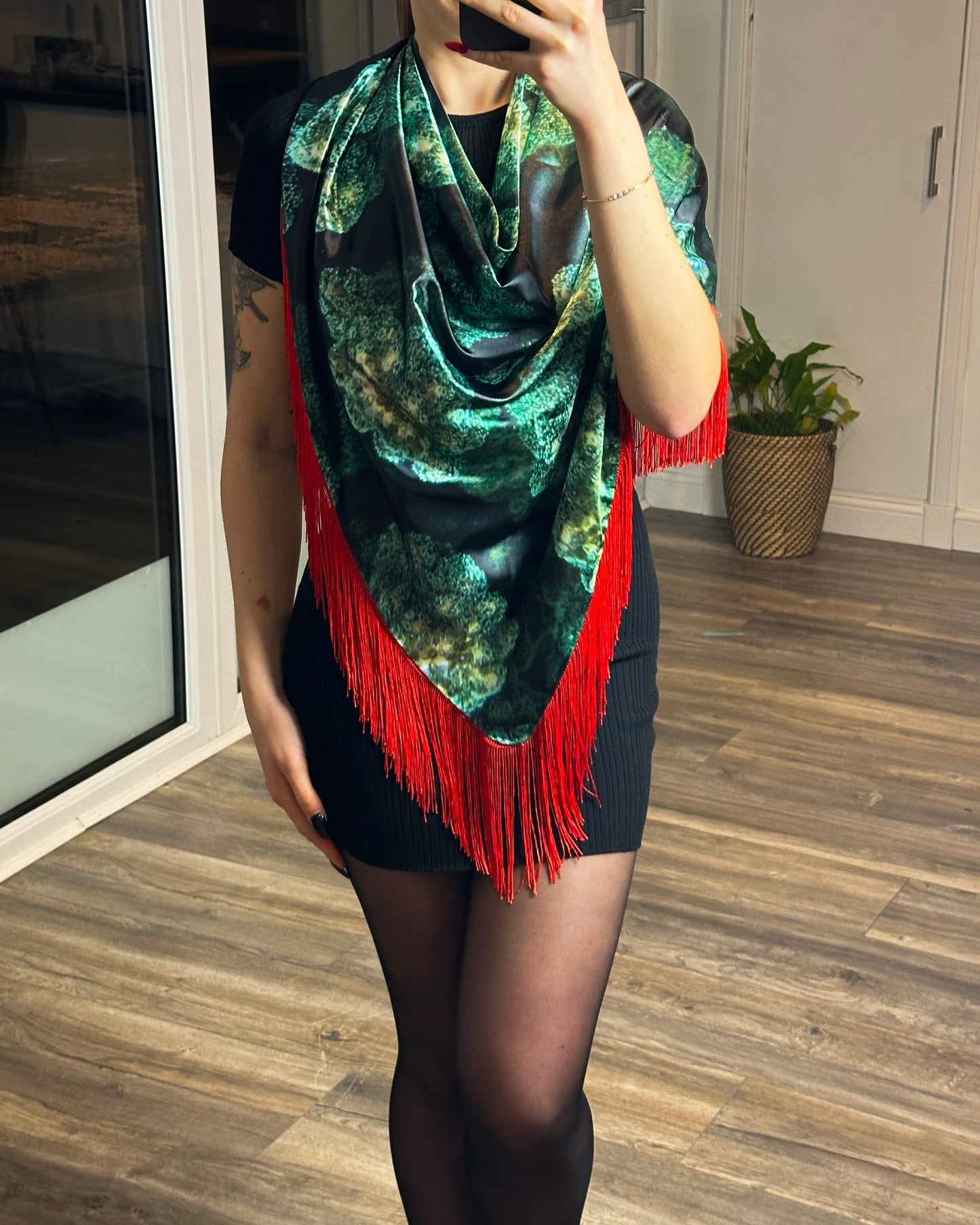 Green Satin Fringe Scarf