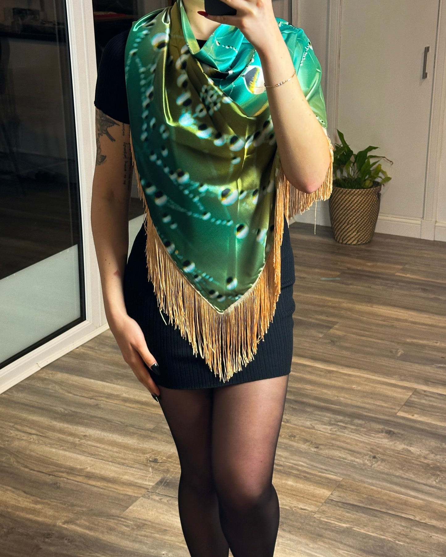 Teal Satin Fringe Scarf