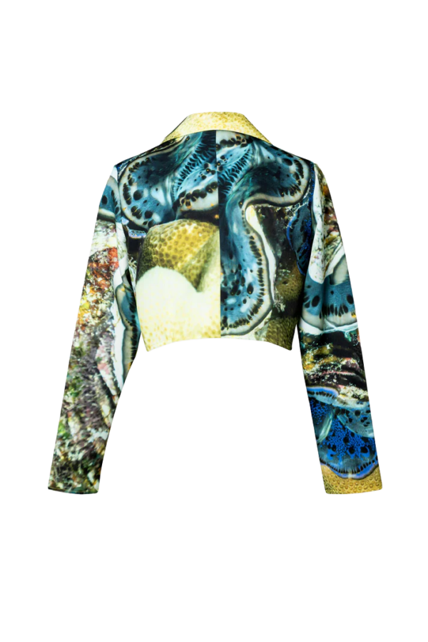 Short Women’s Blazer. Gold-Blue Underwater World