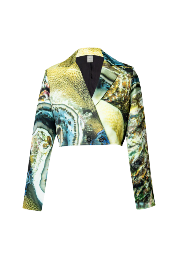 Short Women’s Blazer. Gold-Blue Underwater World